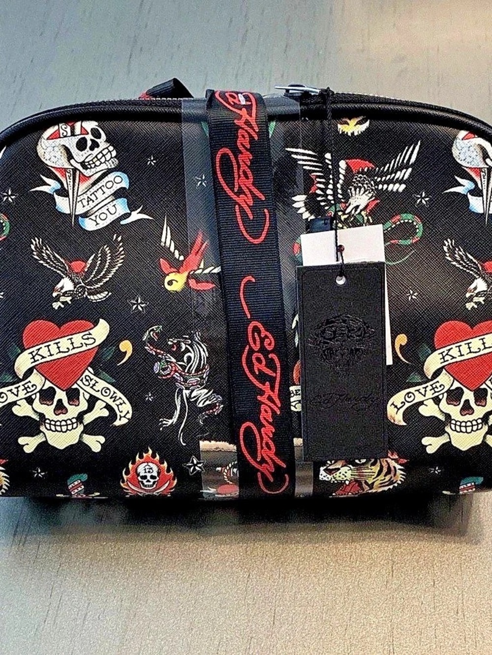 Ed Hardy 2-Piece Tattoo Print Cosmetic Bag Set Black & Blue